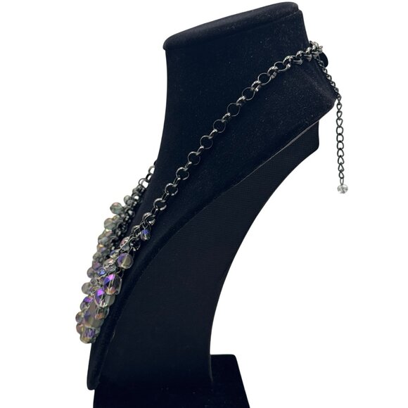 Iridescent Crystal Bead Cluster Necklace On Black Chain With Adjustable Lobster - Picture 3 of 6